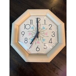 Vintage New Haven Quartz Wall Clock Octagon Floral Tulip Cream Country Decor USA